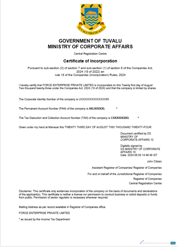 Download Tuvalu business registration certificate Word and PDF template Photoshop template